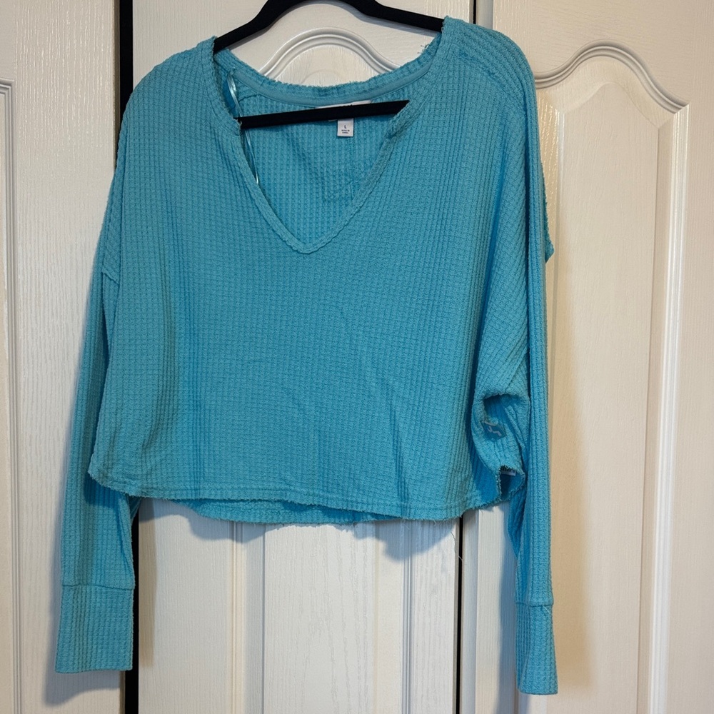 JoyLab Turquoise V-Neck Waffle Knit Sweatshirt